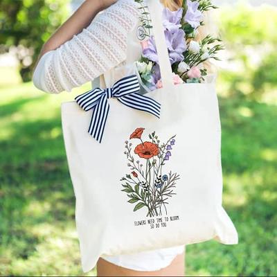 Floral Canvas Tote Bag Botanical Shopping Bag Aesthetic Flower Tote Bag  Large Capacity Grocery Bag for Women