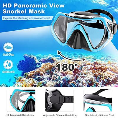 Mask Fin Snorkel Set for Adults Snorkeling Gear with Fins, Snorkel Goggles  Anti-Fog Anti-Leak Diving Mask Dry Top Snorkel Adjustable Dive Flippers Kit