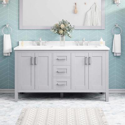 Home Decorators Collection Doveton 60 in. W x 19 in. D x 34 in. H Double Sink Bath Vanity in Weathered Tan with White Engineered Marble Top