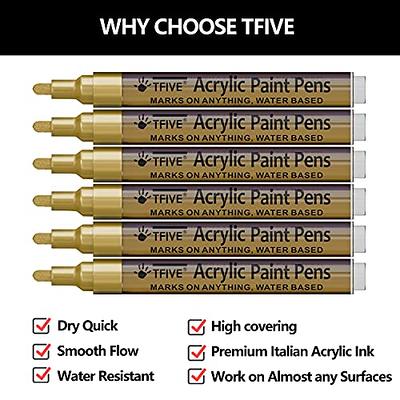 Gold Acrylic Paint Marker Pens - 2-3mm Medium Tip, 6 Pack Permanent Gold Water Based Paint Pen for DIY Projects, Paintings for Rock, Fabric, Wood