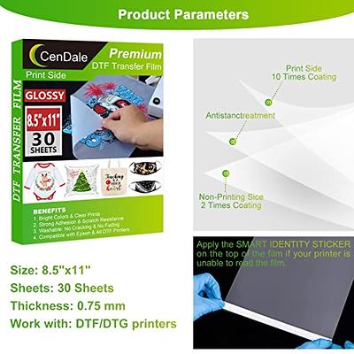 CenDale 𝐏𝐫𝐞𝐦𝐢𝐮𝐦 DTF Transfer Film 8.5x11 - 30 Sheets Single-Sided  𝐆𝐥𝐨𝐬𝐬𝐲 Clear PreTreat Sheets PET Heat Transfer Paper for DIY Direct  Print on All Fabric and Colors T-Shirts Textile - Yahoo Shopping