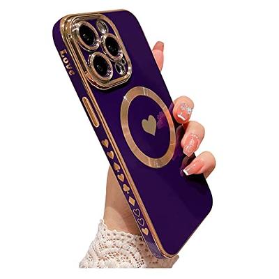 Stylish Magnetic Case for Apple iPhone 14 Women Girls, Luxury Plating Cute  Love Heart Soft Back Cover Full Camera Lens Protection MagSafe Phone Case