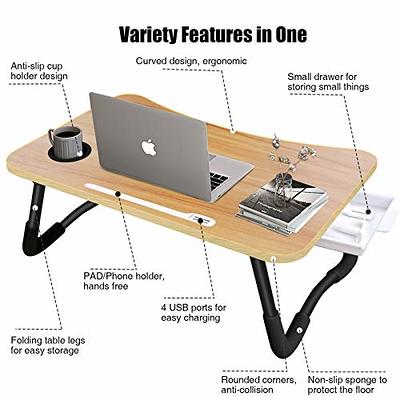 Foldable Lap Desk for Bed, Bed Tray Table with 4 USB Ports, Holder Slots,  Cup Holder and Drawer, Laptop Desk Table with Mini Lamp, Fan, Portable  Notebook Table Stand for Laptop, Tablet