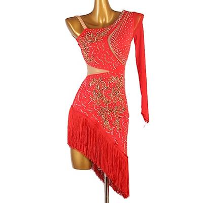 Girls red colored sequin tassels modern dance latin dance dresses samba  chacha salsa dance skirts dresses- Material:polyester( stretchable  fabric)Content 