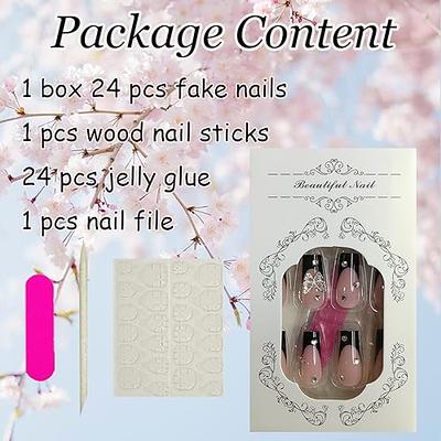 French Tip Press on Nails Long Square Fake Nails Butterfly Rhinestone Nail  Charms Full Cover Coffin