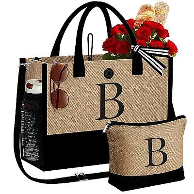 YOOLIFE Unique Gifts for Women - Initial Jute Beach Tote Bag Makeup Bag  Personalized Monogrammed Tote Bag