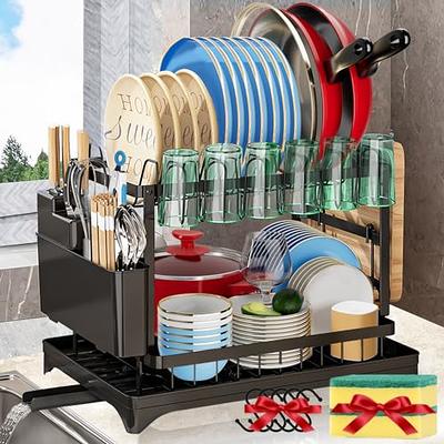 2 Tier Dish Drying Rack Multifunctional Dish Rack for Kitchen Counter,  Stainless Steel Large Capacity Dish Drainer with Drainboard, Utensil  Holder