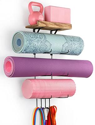 Wall Mounted Fitness Foam Roller Holder, Yoga Mat Floor Storage Rack, Gray  Wood