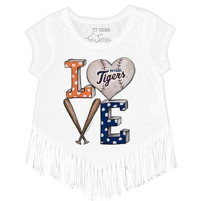 Girls Toddler Tiny Turnip White Detroit Tigers Peace Love Baseball Fringe T- Shirt - Yahoo Shopping