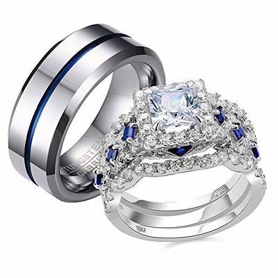 3 Pcs Couple Womens Princess Cut CZ Silver Stainless Steel Wedding Ring Set with Mens Matching Band 5 / 9