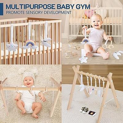 HAN-MM Wooden Baby Gym with 6 Wooden Baby Toys Foldable Baby Play Gym Frame  Activity Gym Hanging Bar Newborn Gift Baby Girl and Boy Gym (Natural