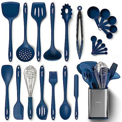 Smirly Kitchen Utensil Set & Holder - Essentials for New Home & 1st Apartment - Silicone Spatula & Cooking Spoon Set for Nonstick Cookware