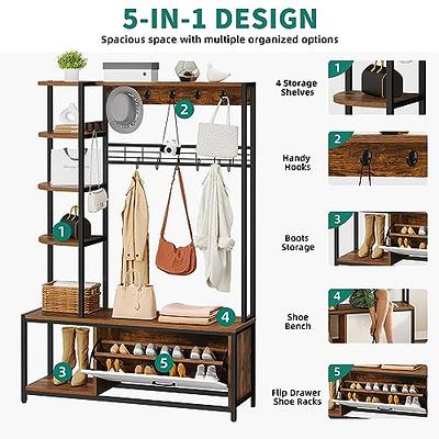 Amucolo Walnut Entryway Shoe Storage Bench with Coat Rack, 5 in 1 Design Shoe Rack Bench with Hooks and Storage Shelf, Brown