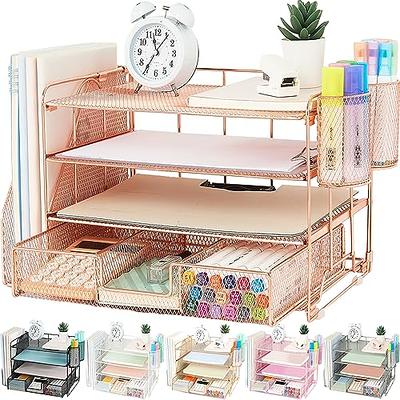  Beiz Gold Desk Organizer and Accessories Storage with 5  Vertical File Folder Holders, 2 Paper Tray, Drawer for Women Office, Home,  Dorm, Workspace to Collect Office Supplies : Office Products