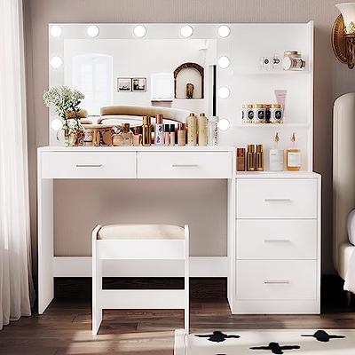 Makeup Vanity Desk with Lights, 3 Lighting Colors, White Vanity Set Makeup  Table with 3 Drawers, 2 Cabinets and Multiple Shelves, Large Vanity