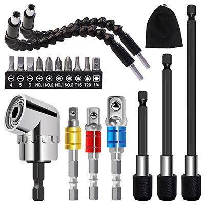 Right Angle Drill Attachment 105° Screwdriver Drill Bit Holder Extension  Socket Adapter + Swivel Socket Adapter Set 3 PCS 1/2” 3/8” 1/4” Rotatable  Hex