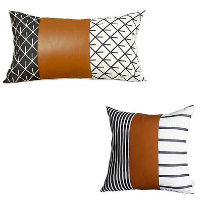 Mike&Co. New York Bohemian Set of 4 Handmade Decorative Throw Pillow Vegan Faux Leather Geometric for Couch, Bedding - Brown - 12 x 20 in