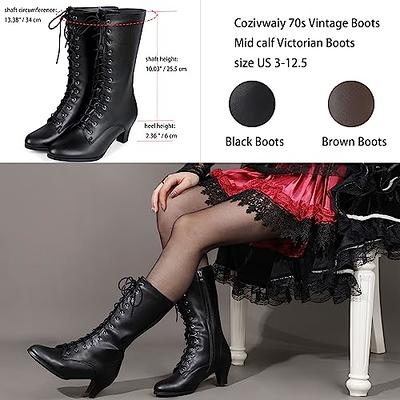  Cozivwaiy Women Vintage Victorian Boots 70s Lace up Ankle Boots  Mid Heel Booties Cone Heel Side Zip Almond Toe Boots Costume Shoes 