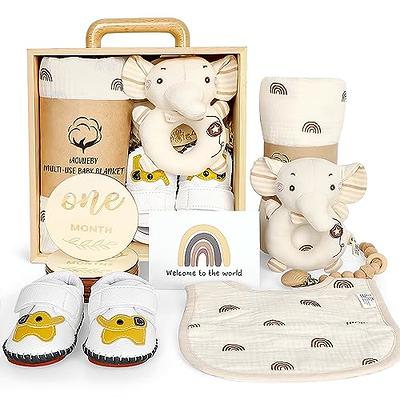 Amazon.com : Baby Shower Gifts, New Born Baby Gifts for Boys, Unique Baby  Gifts Basket Essential Stuff - Baby Lovey Blanket Newborn Bibs Socks Wooden  Rattle & Greeting Card, Newborn Baby Gift