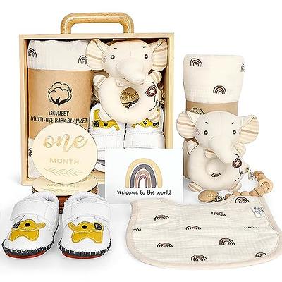 iAOVUEBY Baby Gift Set for Newborn, Baby Shower Gifts, Wooden Baby Gift  Basket Essentials Includes Infant Swaddle Blanket Onesies Rattle Toy Hair