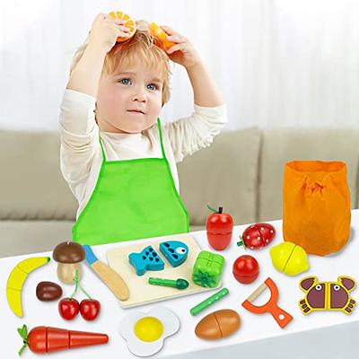 WHOHOLL Wooden Toys Play Kitchen Accessories, Montessori Toys for 1 2 3 4 5  + Years Old Toddlers, Toy Kitchen Play Dishes & Play Food Playset