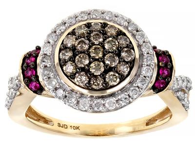 Champagne & White Diamond And Red Burmese Ruby 10K Yellow Gold