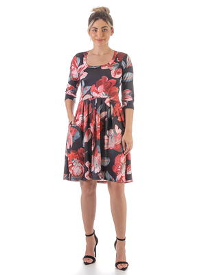 24/7 Comfort Apparel Womens Red Floral Three Quarter Sleeve Pleated Dress -  Yahoo Shopping