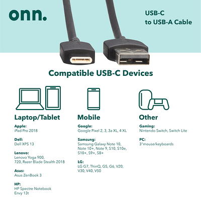 onn. 10ft USB to USB-C Cable, Black, Compatible with USB-C Devices