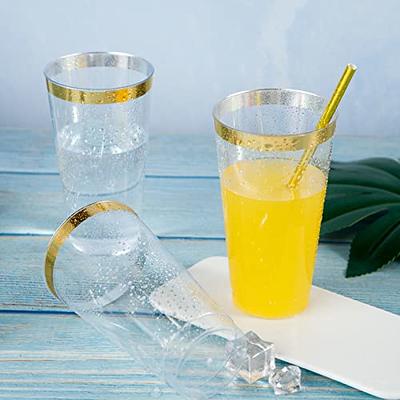 Prestee 100 Gold Plastic Cups | 9 oz | Hard Disposable Cups | Plastic Wine Cups | Plastic Cocktail Glasses | Plastic Drinking Cups | Bulk Party Cups 