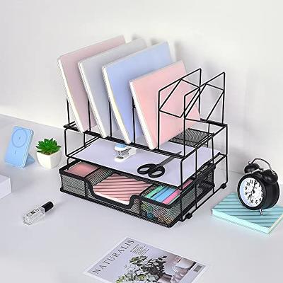 SimpleHouseware Mesh Desk Organizer with Sliding Drawer, Double Tray and 5  Upright Sections, Black