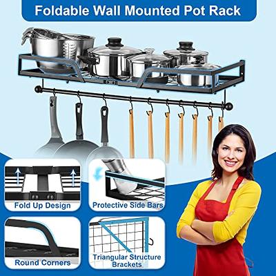 ETECHMART Hanging Pot Rack, 3 in 1 Wall Mounted Pan Holder with 10