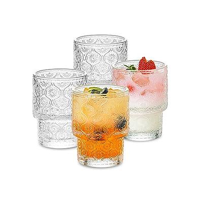 Glass Cups Vintage Glassware, Set of 4 Small, Embossed Stackable Pattern  Style Transparent Cocktail Glasses Set, Ice Coffee Cup Juice Drinkware,  Clear, 190Ml (…