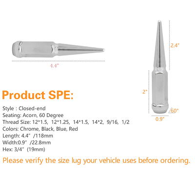 32pc Premium Black SPIKED 1/2-20 Extended Lug Nuts 4.4 OFF-ROAD SPIKE  Metal Lugz Nut w/Key