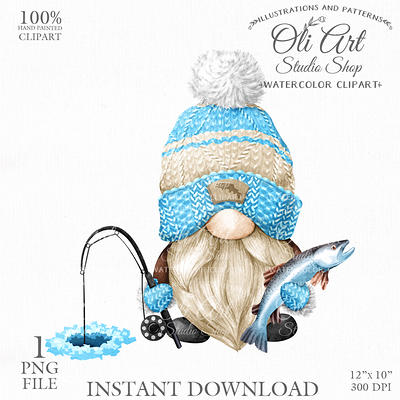 Ice Fishing Gnome Clip Art. Cute Characters, Hand Drawn graphics