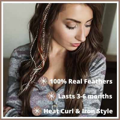 Hair Feathers Kit, 20 Feathers for Hair, Long Feather Extensions with beads  and loop tool, 100% Real Rooster Feather Accessories Brown Black White  Natural