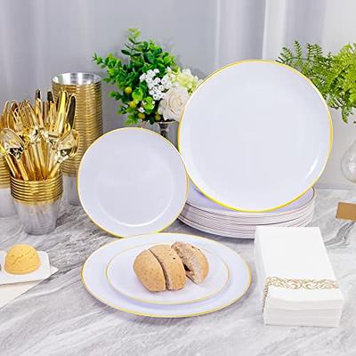 WELLIFE 350 Pieces Gold Plastic Dinnerware,Disposable Gold Lace Plates,  Include:50 Dinner Plates,50 Dessert Plates, 50 Pre Rolled Napkins with Gold