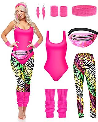  9 Pcs 80s Workout Costume Set for Women, 80s Accessories Set  Neon Leotard Outfit with Legging Headband Wristbands Fanny Pack Necklace  Retro Party Kit for Halloween Party Dress Up-M : Clothing