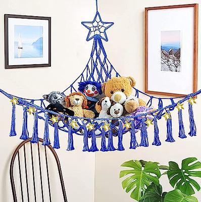 Stuffed Animal Hammock Macrame Boho Toy Hammock with LED String Light Hanging Stuffed Animal Organizer Wall Corner Toy Storage Holder Stuffed Animal