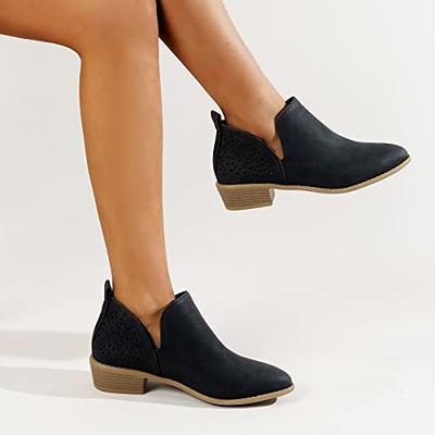  Women Low Heel Ankle Booties Slip On Vegan Suede Leather Cut  Out Chunky Block Stacked Peep Toe Ankle Boots Shoes Black