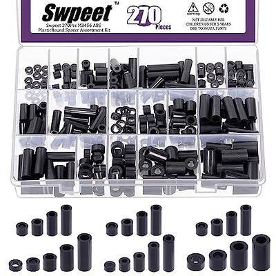 Swpeet 270Pcs 18 Sizes Black Nylon Round Spacer Standoff Screw Nut