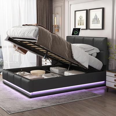 URTR White Wood Frame Full Size Upholstered Platform Bed with LED