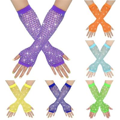 Rhinestones Long Fishnet Gloves, Vintage Fish Net Gloves Cosplay