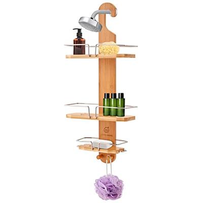 Rust Proof Aluminum Shower Caddy with Bamboo Shelves, Satin Chrome