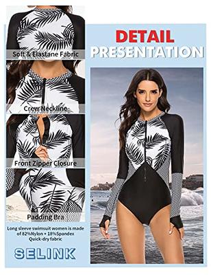 Womens Rash Guard Printed Long Sleeve Zip Front One-Piece Swimsuit Surfing  Bathing Suit with Built in Bra UPF 50+