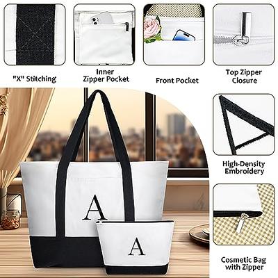 YOOLIFE Initial Canvas Beach Tote Bag with Zipper Personalized Gifts for  Women H