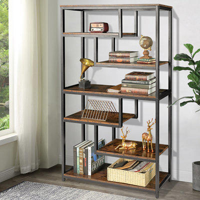 17 Stories Bookcases and Bookshelves Triple Wide 5 Tiers Industrial Bookshelf, Large Etagere Bookshelf Open Display Shelves with Metal Frame for Livin