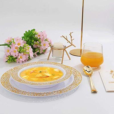 60 Disposable Gold Plastic Dessert Bowls, 12 Oz Soup Bowls, Gold