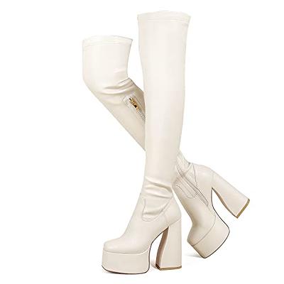 Beige tall boots with heel and square toe