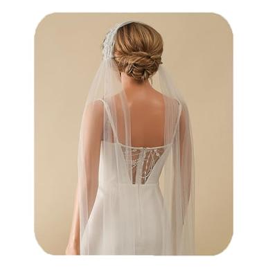  Unsutuo Wedding Veil Ivory Lace Applique Short Bride
