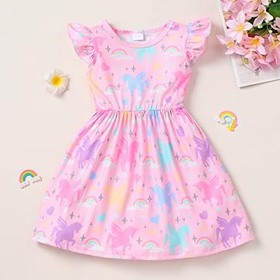 Summer Dress for Girls Baby Pink Unicorn Dresses Birthday Party Ruffle  Sleeve Sundress Kids Rainbow Summer Clothes 3-4 Years - Yahoo Shopping